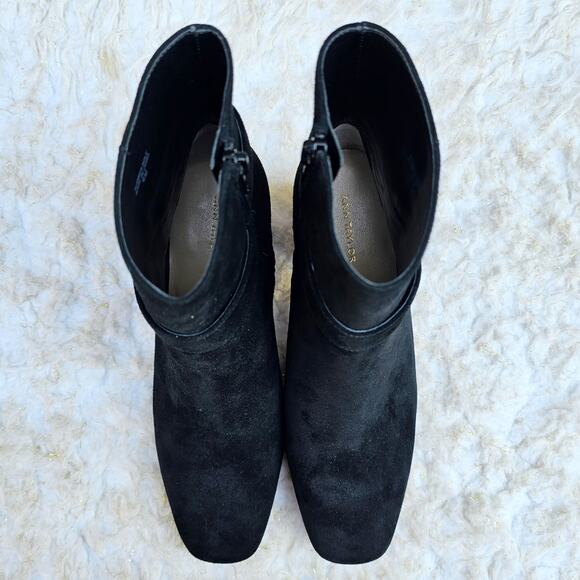 Black Suede Bootie Ann Taylor Breanna Size 6 Leather Harness Buckle Square Toe - Picture 1 of 13
